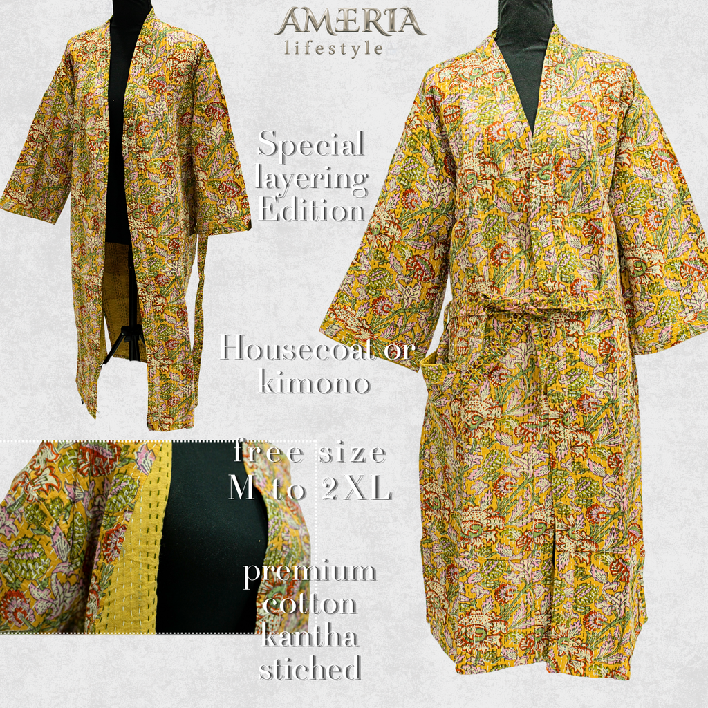 Citron Yellow Floral Housecoat Kimono — Kantha Stitched Organic Cotton