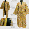 Citron Yellow Floral Housecoat Kimono — Kantha Stitched Organic Cotton