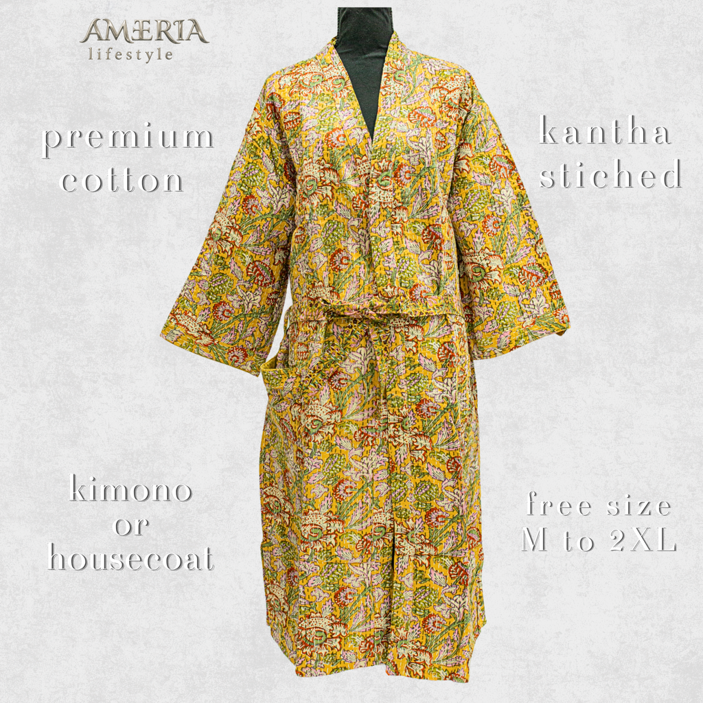 Citron Yellow Floral Housecoat Kimono — Kantha Stitched Organic Cotton