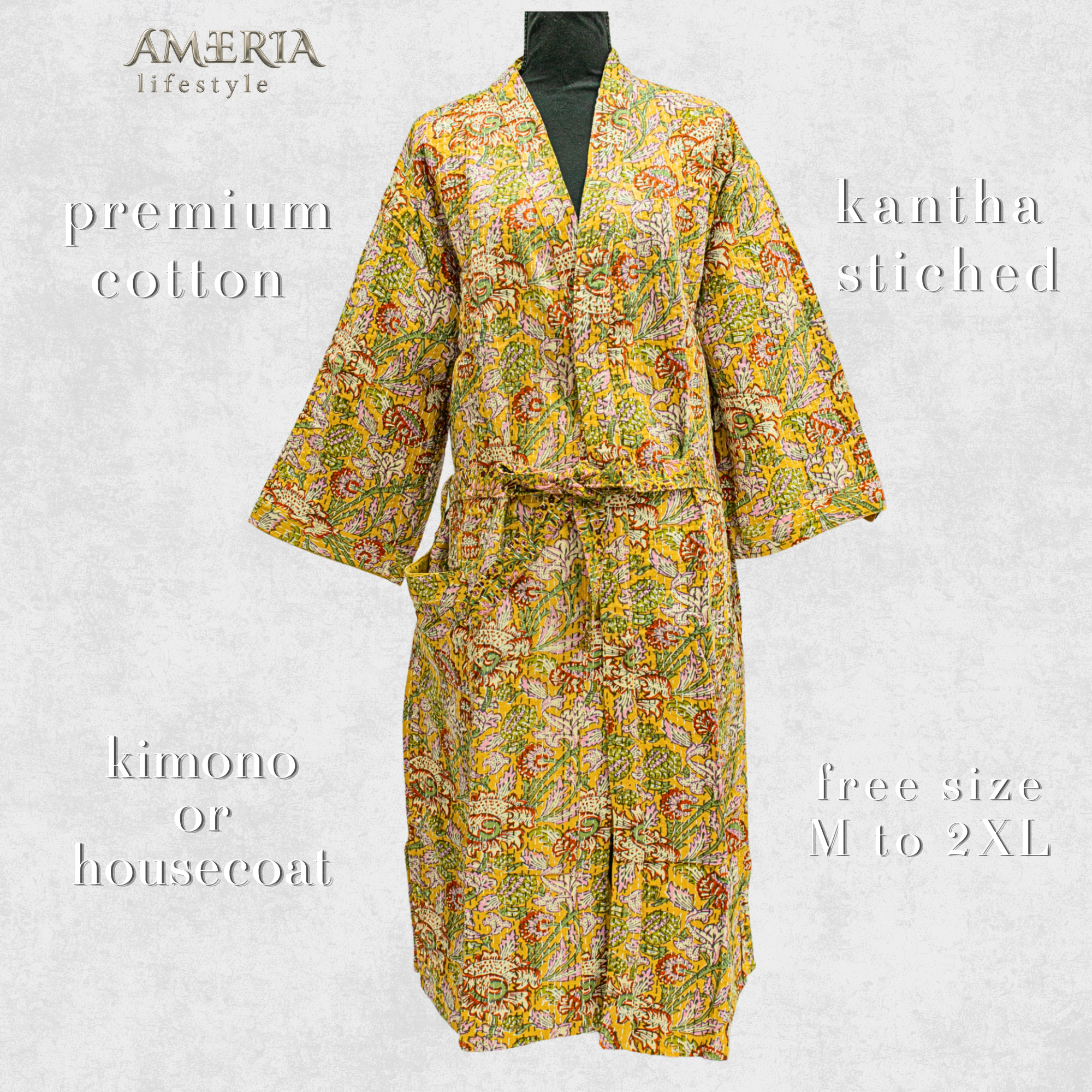 Citron Yellow Floral Housecoat Kimono — Kantha Stitched Organic Cotton