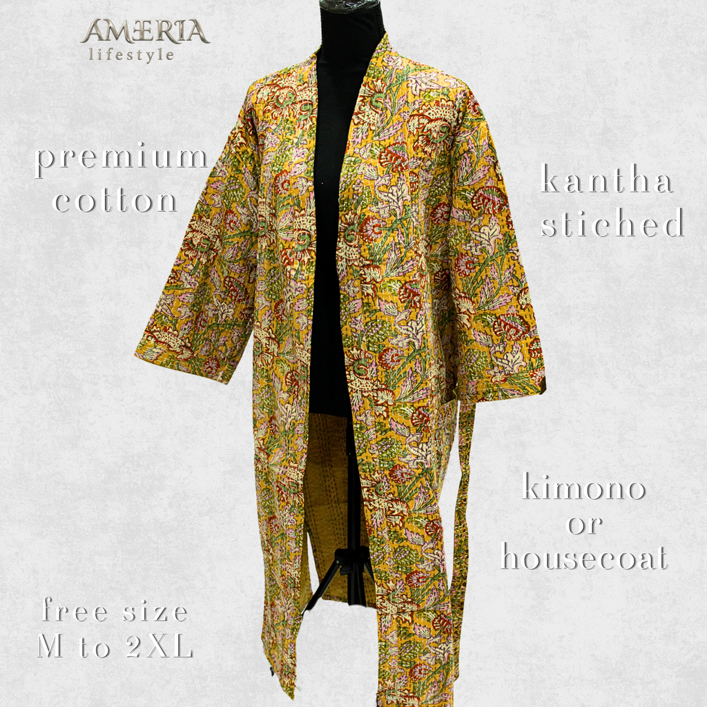 Citron Yellow Floral Housecoat Kimono — Kantha Stitched Organic Cotton