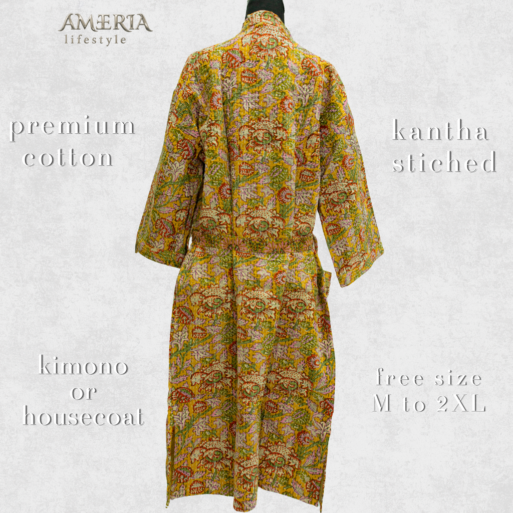 Citron Yellow Floral Housecoat Kimono — Kantha Stitched Organic Cotton