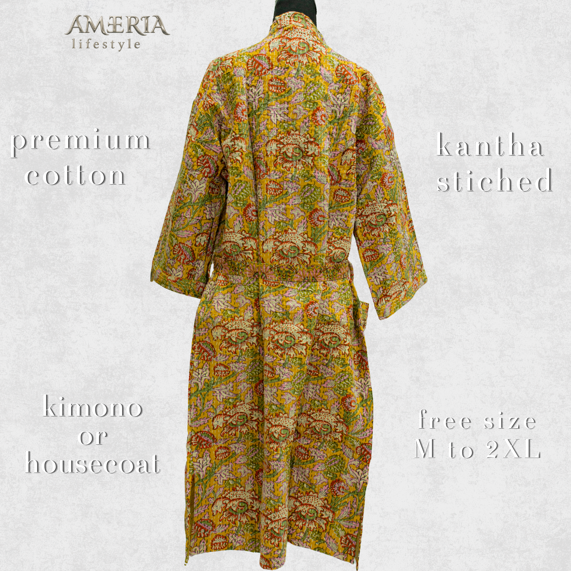 Citron Yellow Floral Housecoat Kimono — Kantha Stitched Organic Cotton