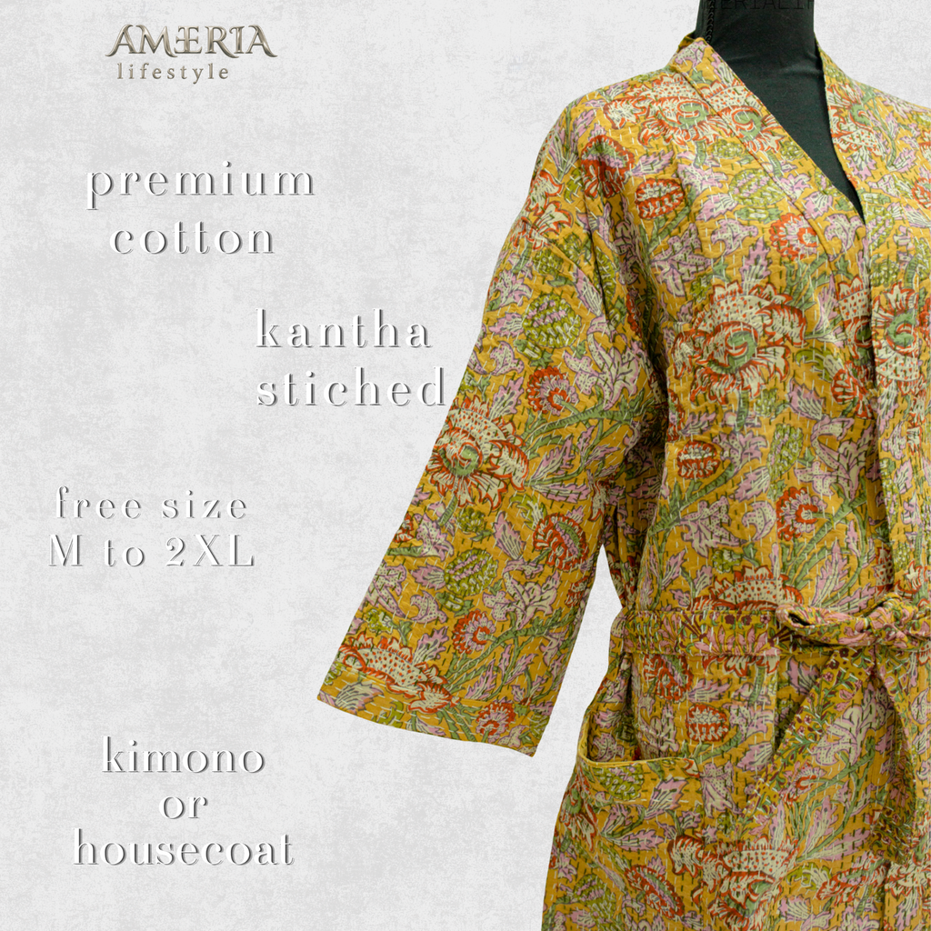 Citron Yellow Floral Housecoat Kimono — Kantha Stitched Organic Cotton