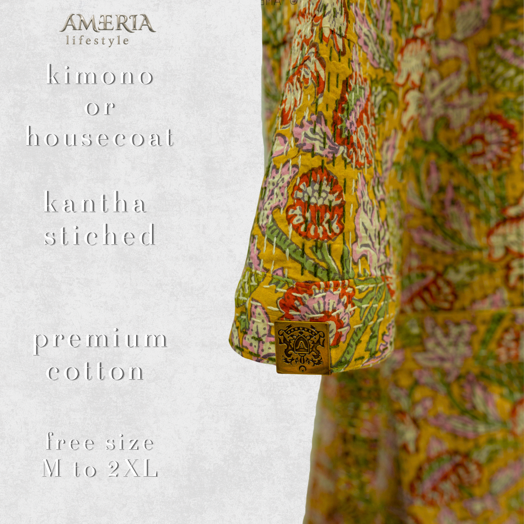 Citron Yellow Floral Housecoat Kimono — Kantha Stitched Organic Cotton