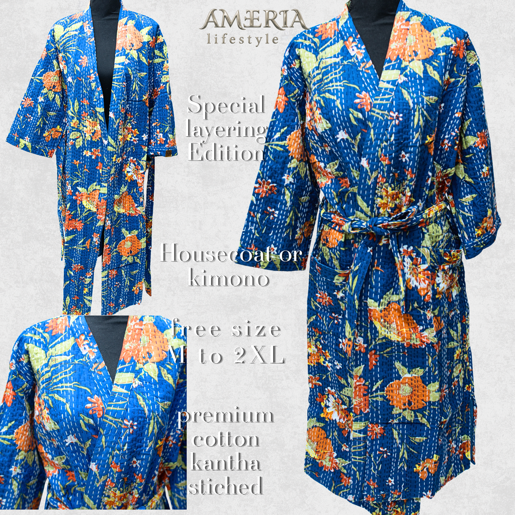 Royal Blue Floral Housecoat Kimono — Kantha Stitched Organic Cotton