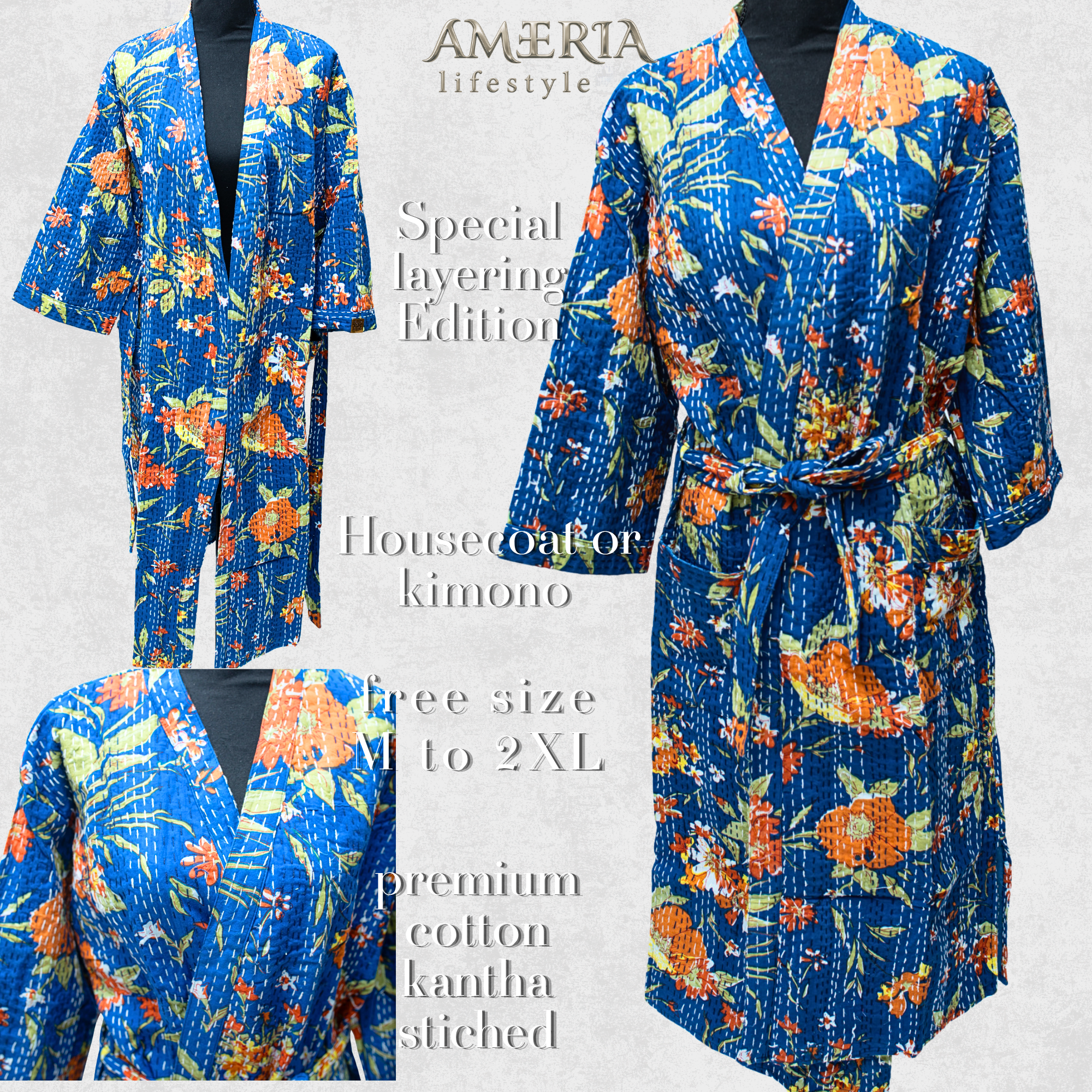Royal Blue Floral Housecoat Kimono — Kantha Stitched Organic Cotton