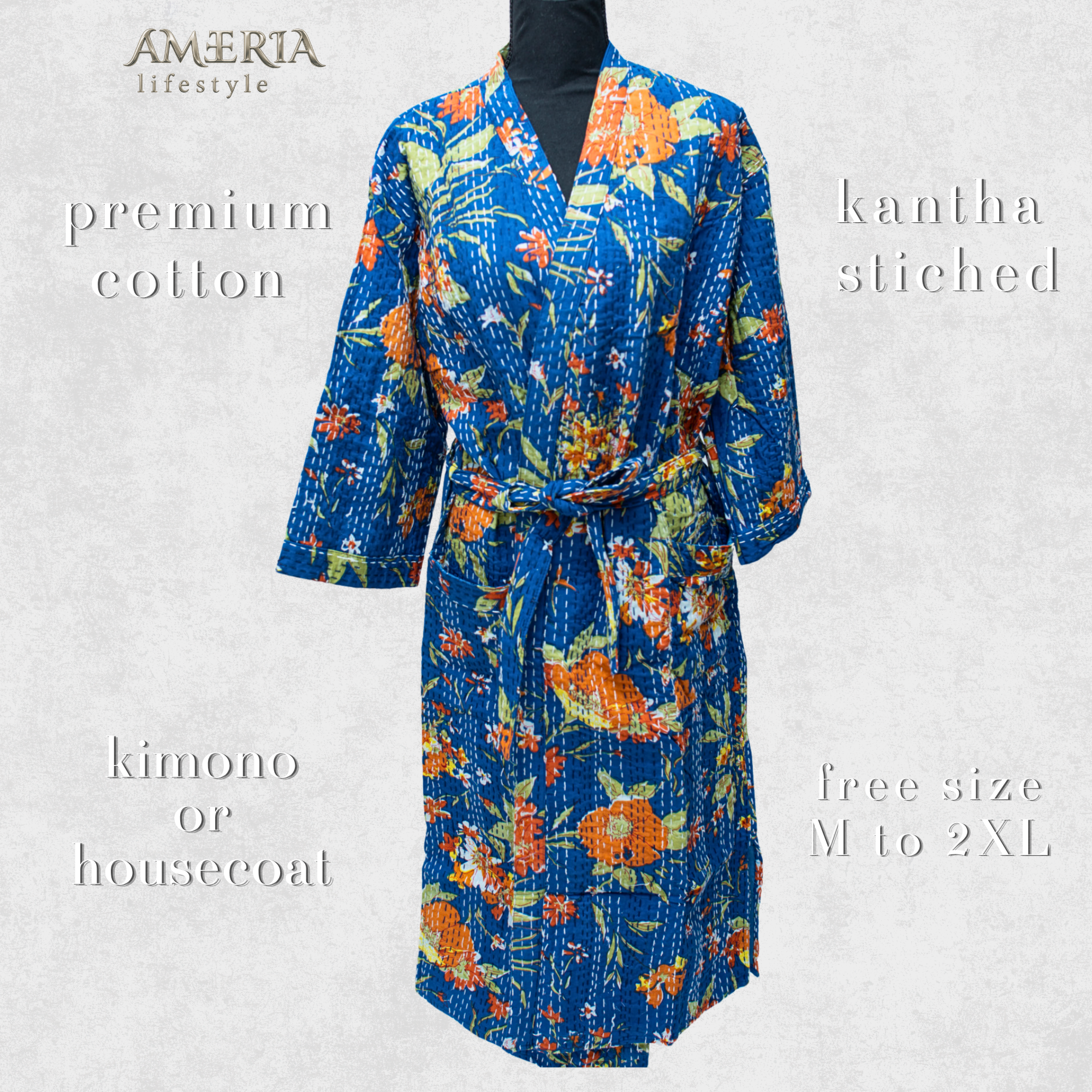 Royal Blue Floral Housecoat Kimono — Kantha Stitched Organic Cotton