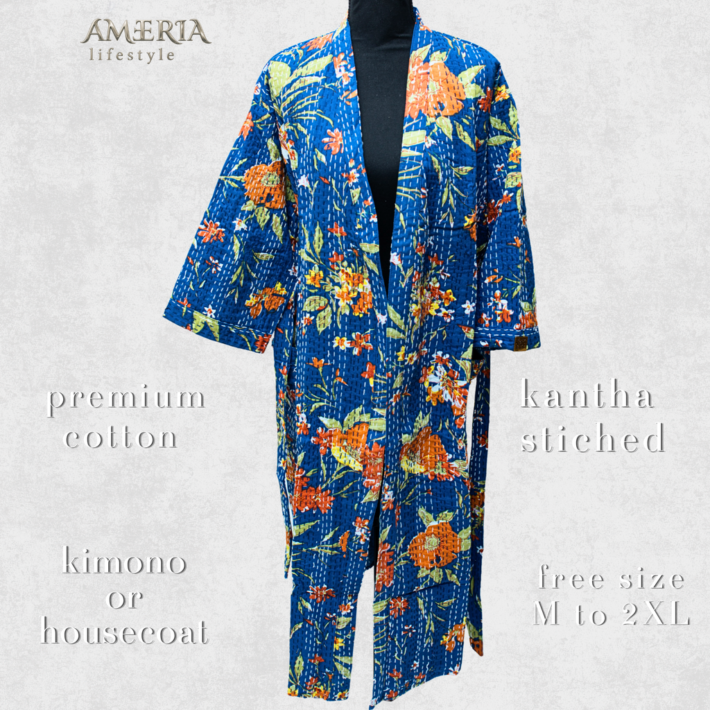 Royal Blue Floral Housecoat Kimono — Kantha Stitched Organic Cotton