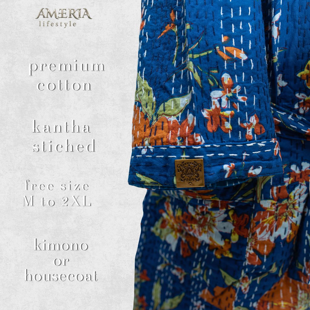 Royal Blue Floral Housecoat Kimono — Kantha Stitched Organic Cotton