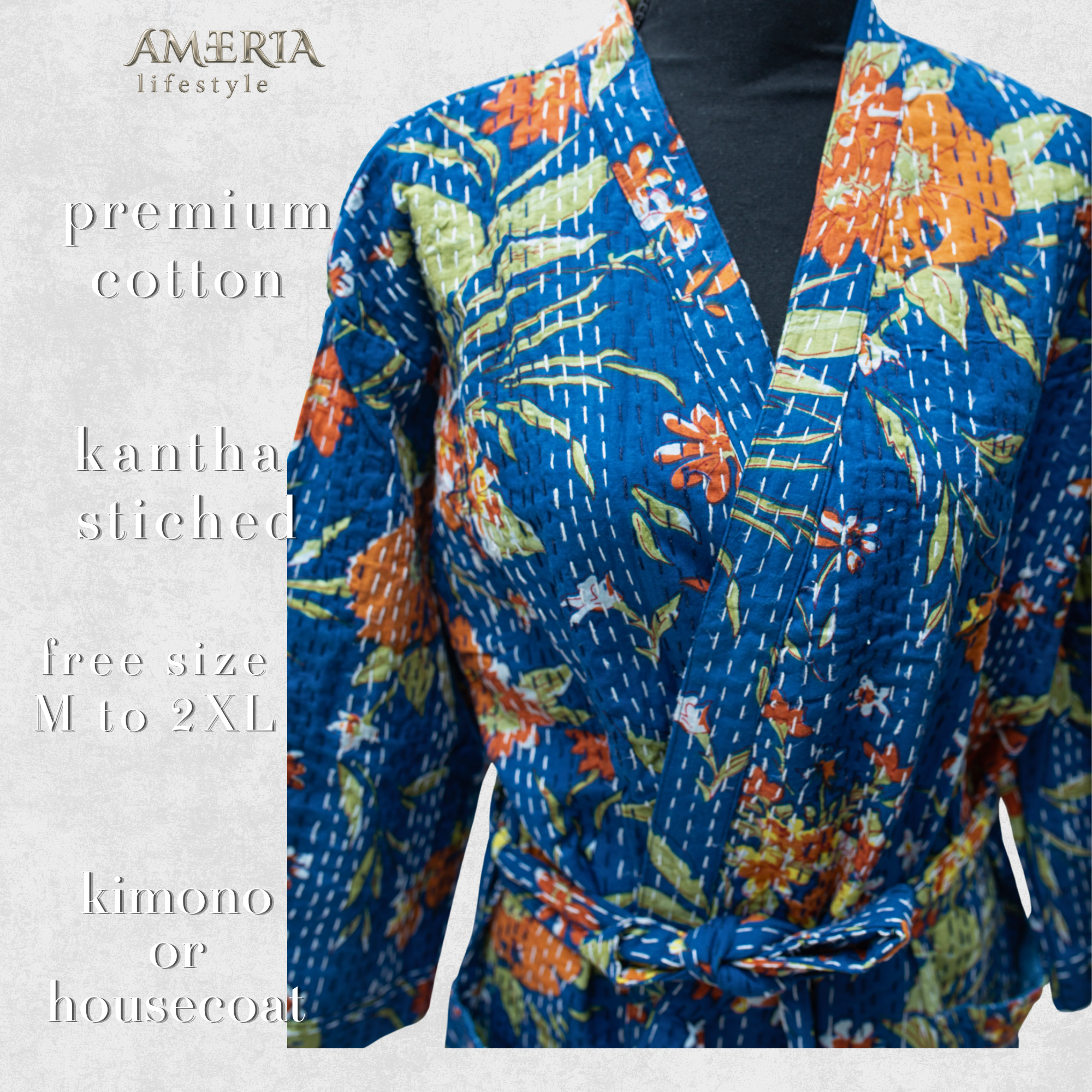 Royal Blue Floral Housecoat Kimono — Kantha Stitched Organic Cotton