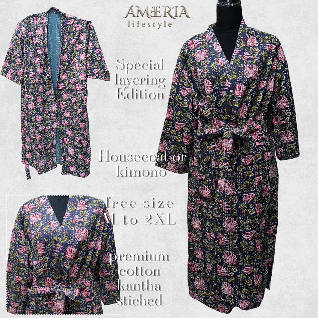 Navy Blue Floral Housecoat Kimono — Kantha Stitched Organic Cotton