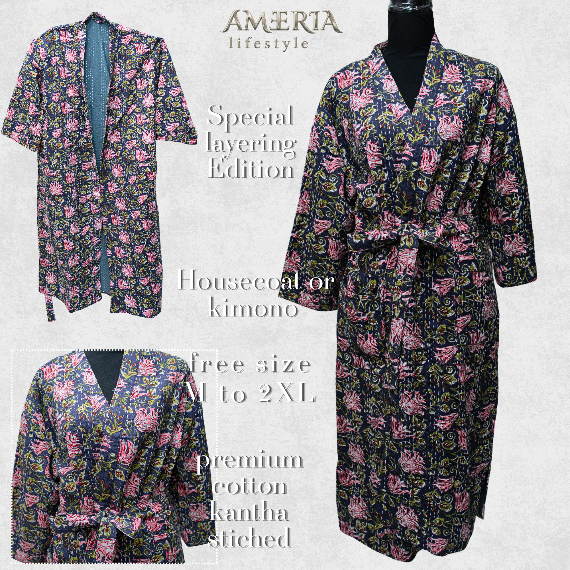 Navy Blue Floral Housecoat Kimono — Kantha Stitched Organic Cotton