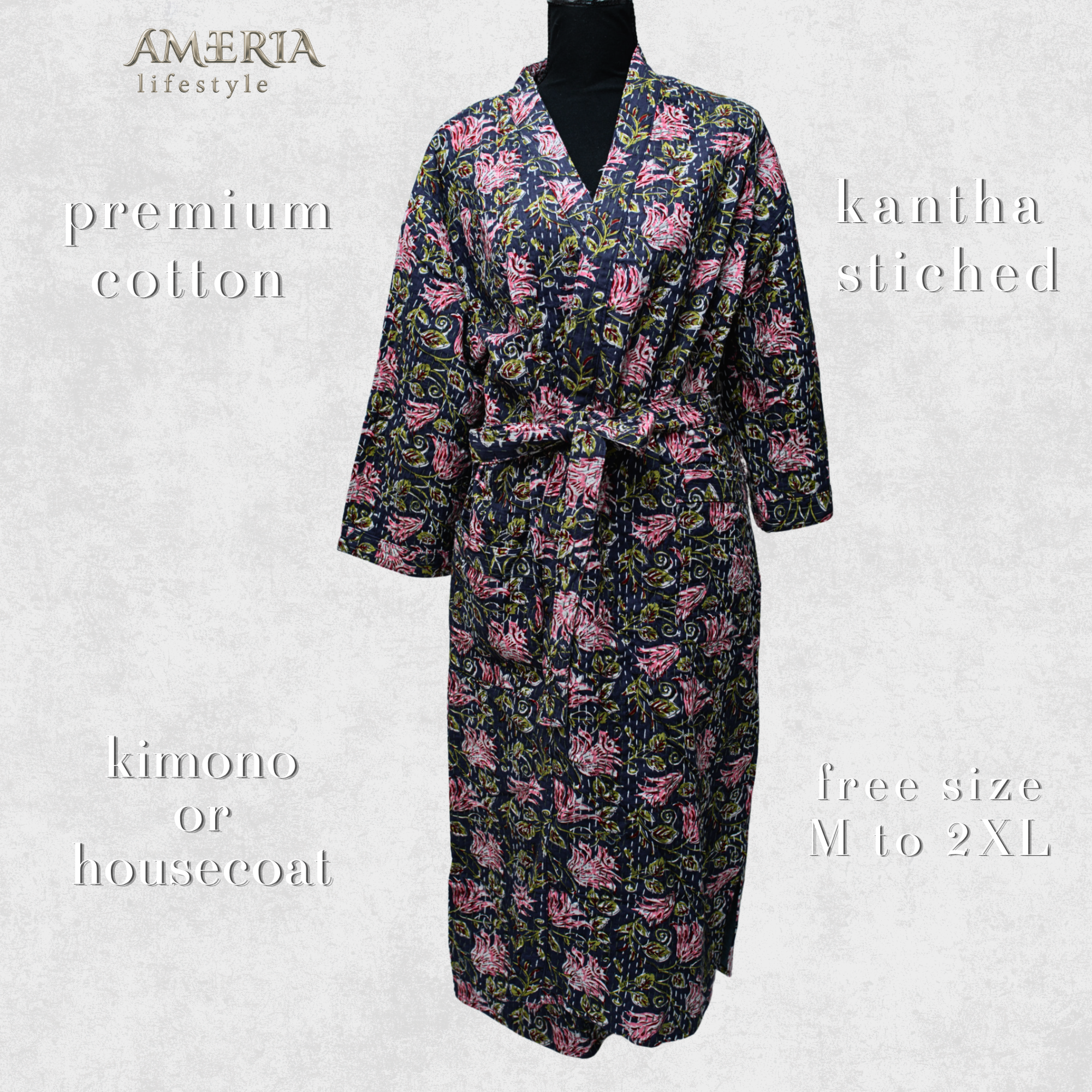 Navy Blue Floral Housecoat Kimono — Kantha Stitched Organic Cotton