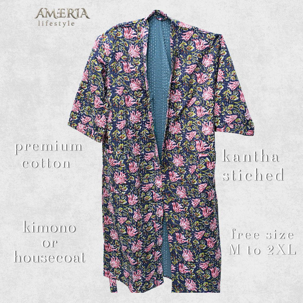 Navy Blue Floral Housecoat Kimono — Kantha Stitched Organic Cotton