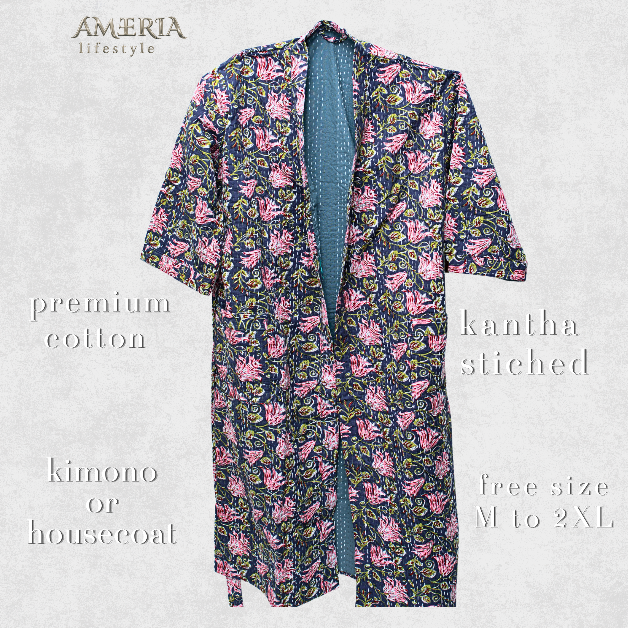 Navy Blue Floral Housecoat Kimono — Kantha Stitched Organic Cotton