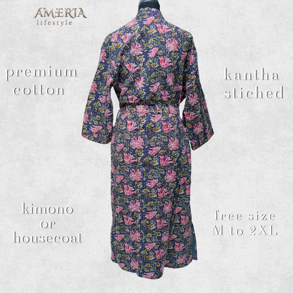 Navy Blue Floral Housecoat Kimono — Kantha Stitched Organic Cotton