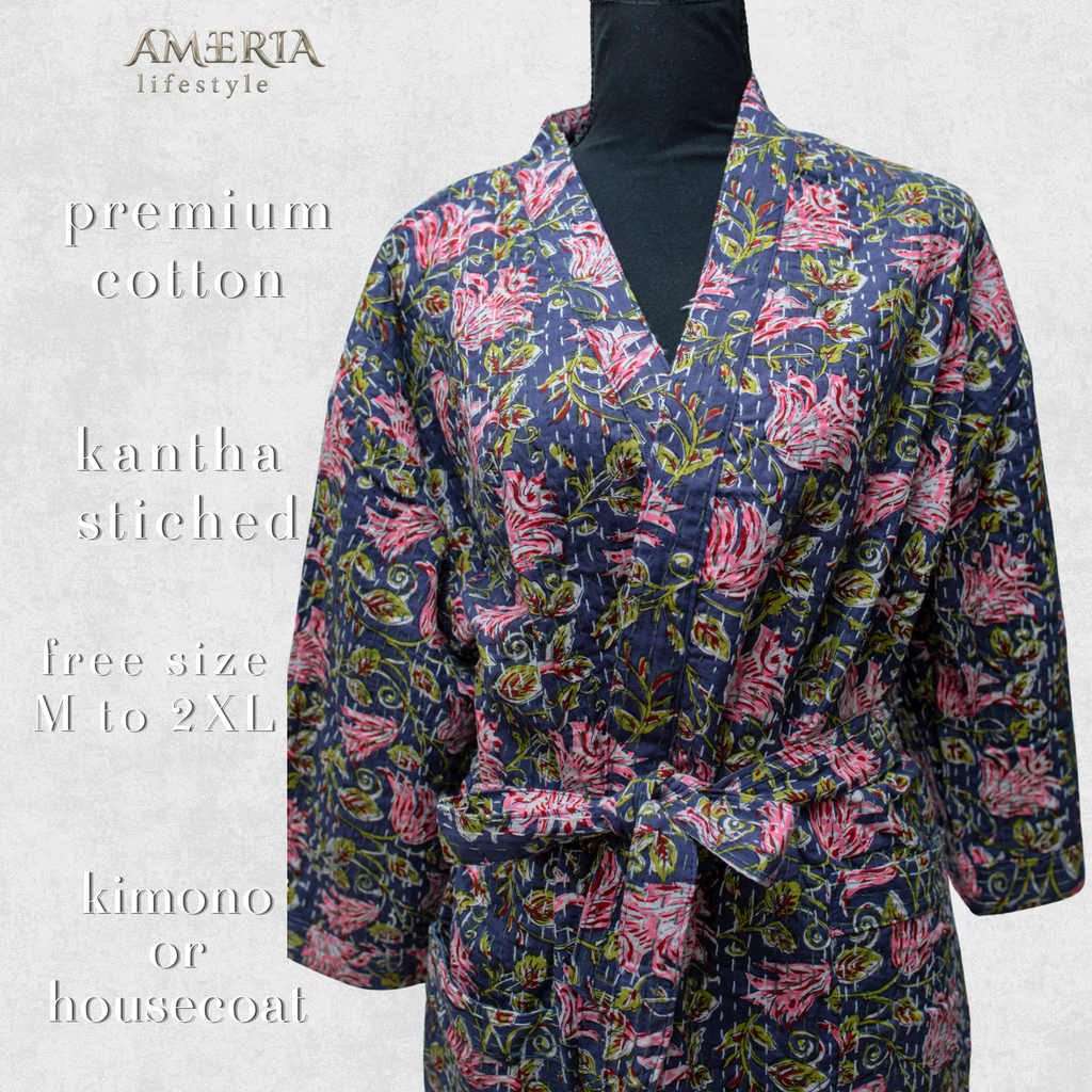 Navy Blue Floral Housecoat Kimono — Kantha Stitched Organic Cotton