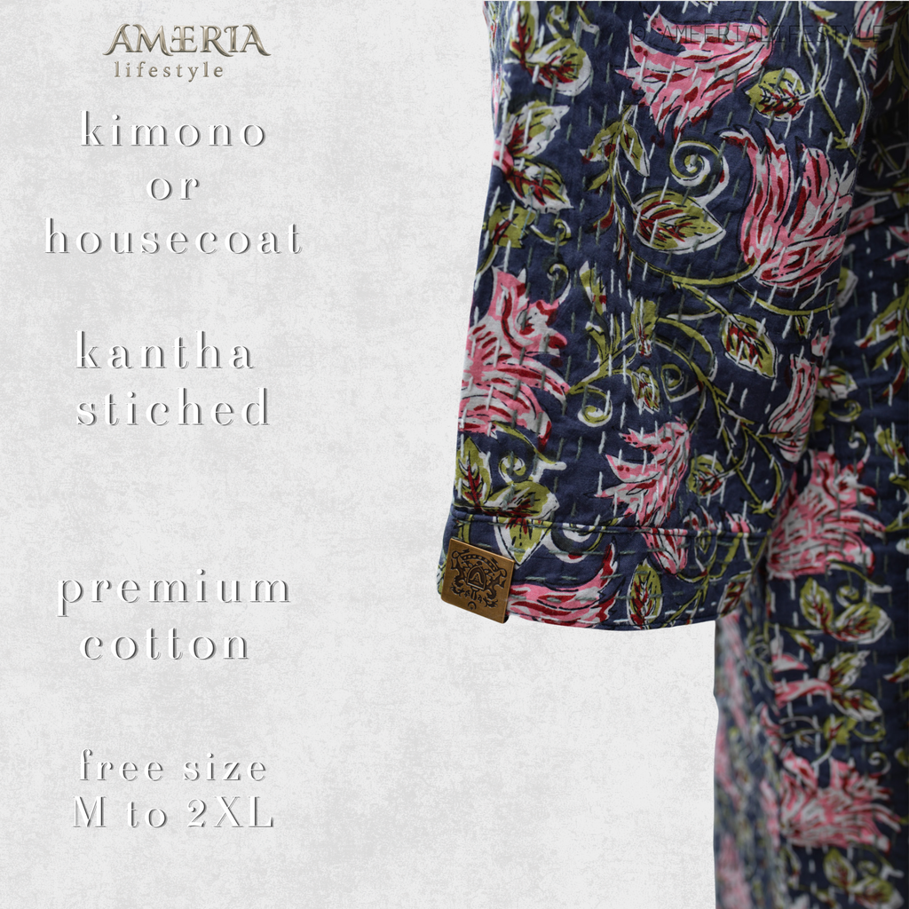 Navy Blue Floral Housecoat Kimono — Kantha Stitched Organic Cotton