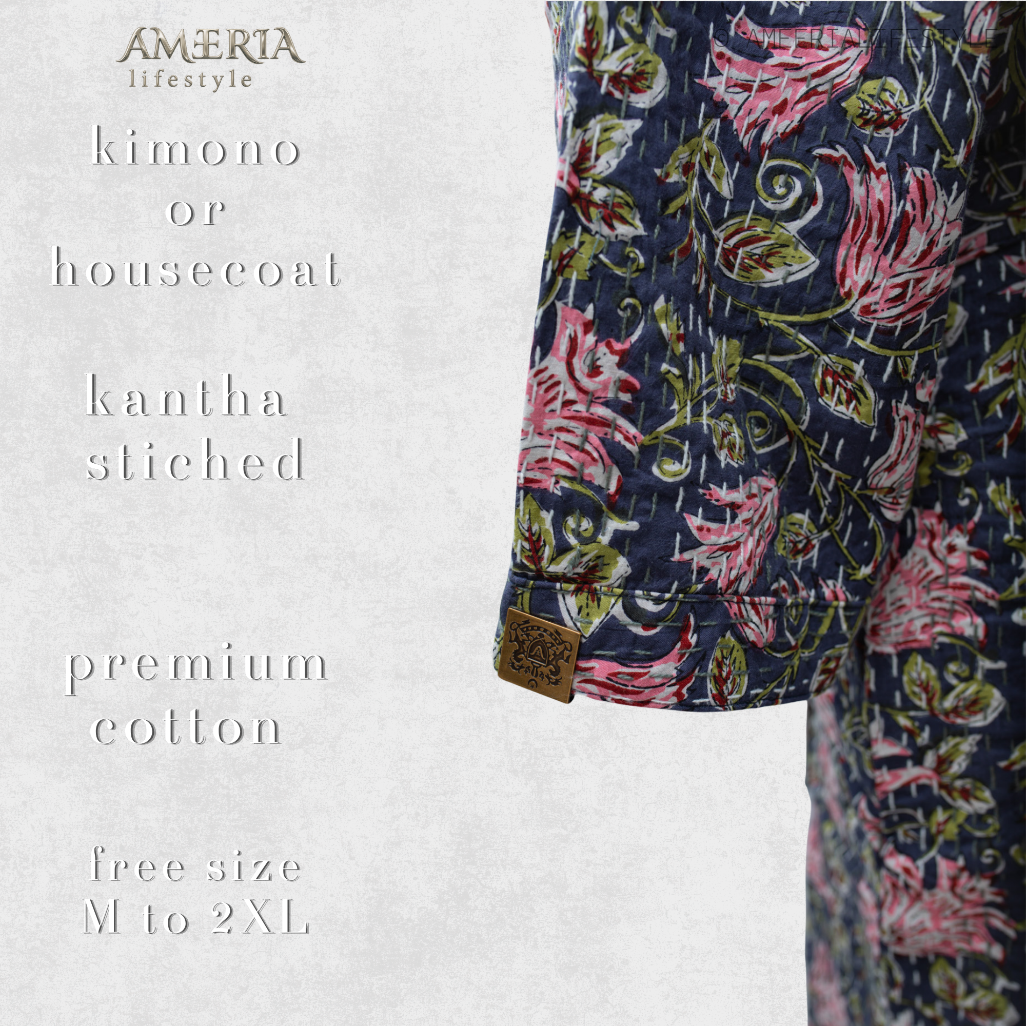 Navy Blue Floral Housecoat Kimono — Kantha Stitched Organic Cotton