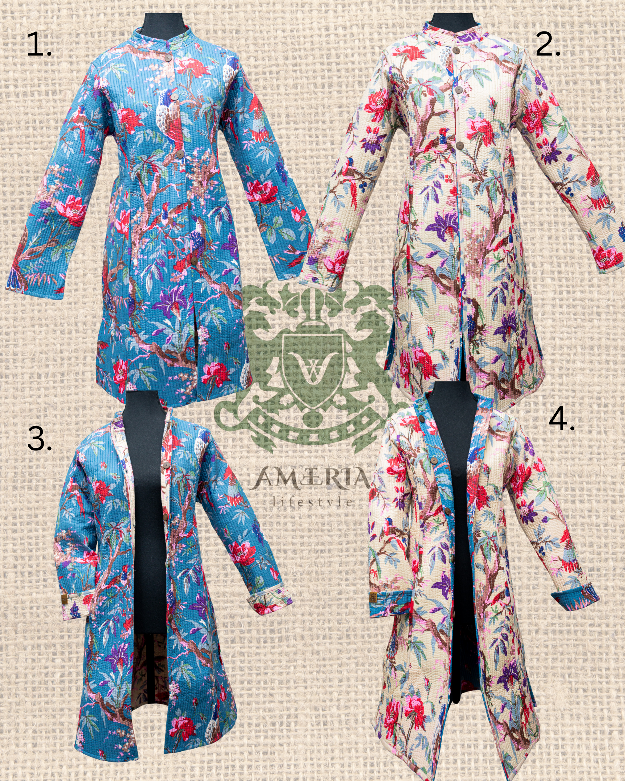 Turquoise floral and cream birds reversible quilted long jacket