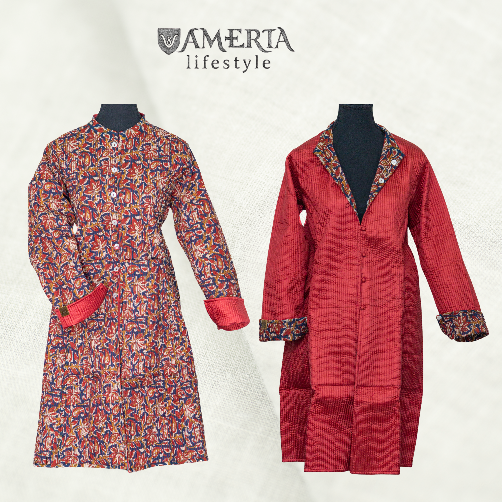 Coral red and navy multicolor floral cotton silk reversible quilted jacket