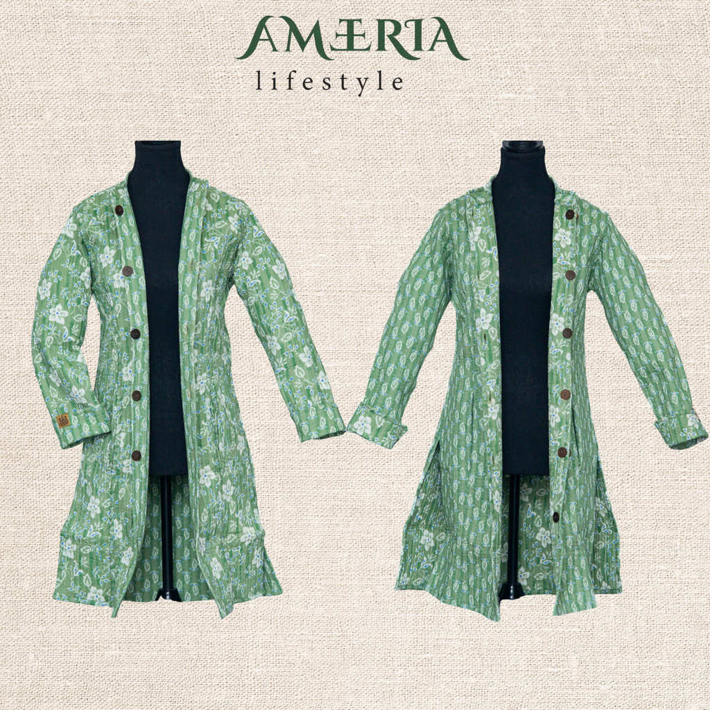 Cotton Quilted Reversible Spring/Fall Jacket - Long - Light Green Floral & Green Paisley