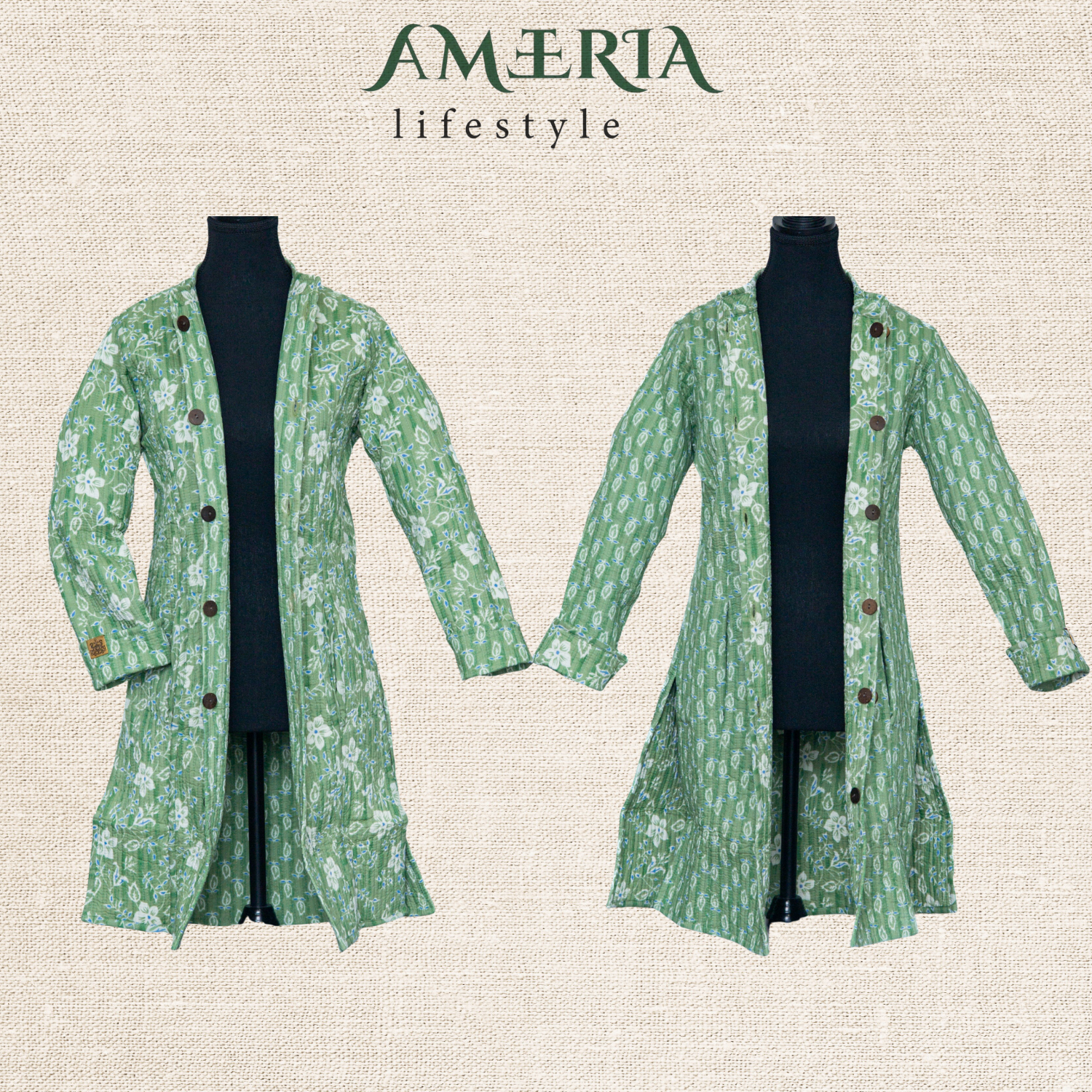 Cotton Quilted Reversible Spring/Fall Jacket - Long - Light Green Floral & Green Paisley