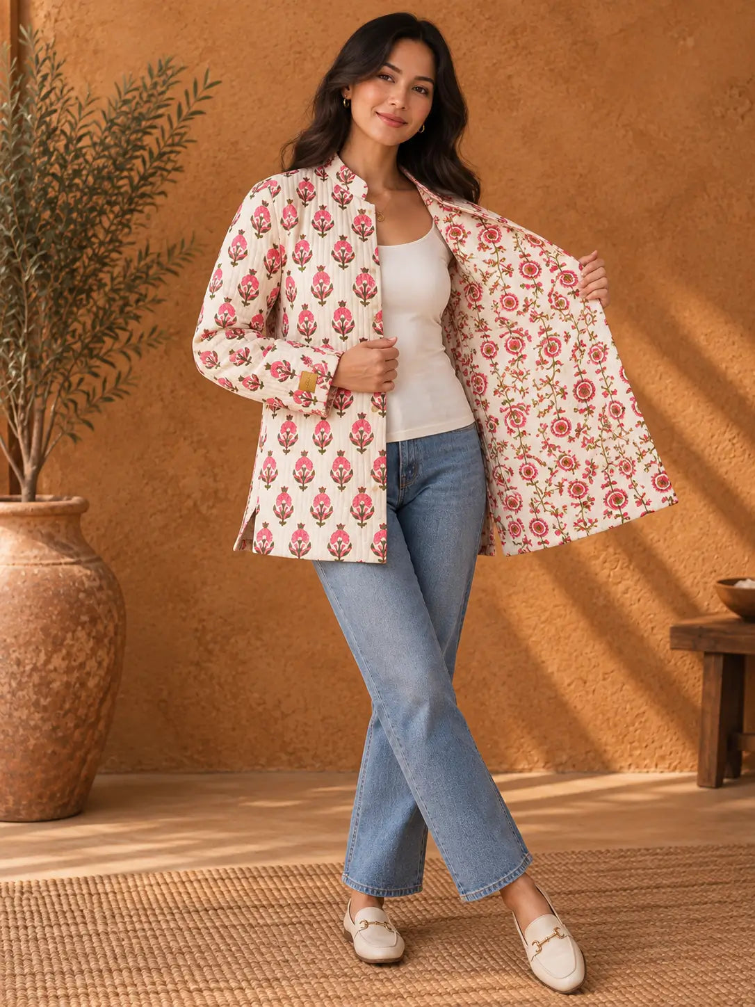 Cotton Quilted Reversible Spring/Fall Jacket - Short/Mid - Cream & Pink Hand Block Print Floral