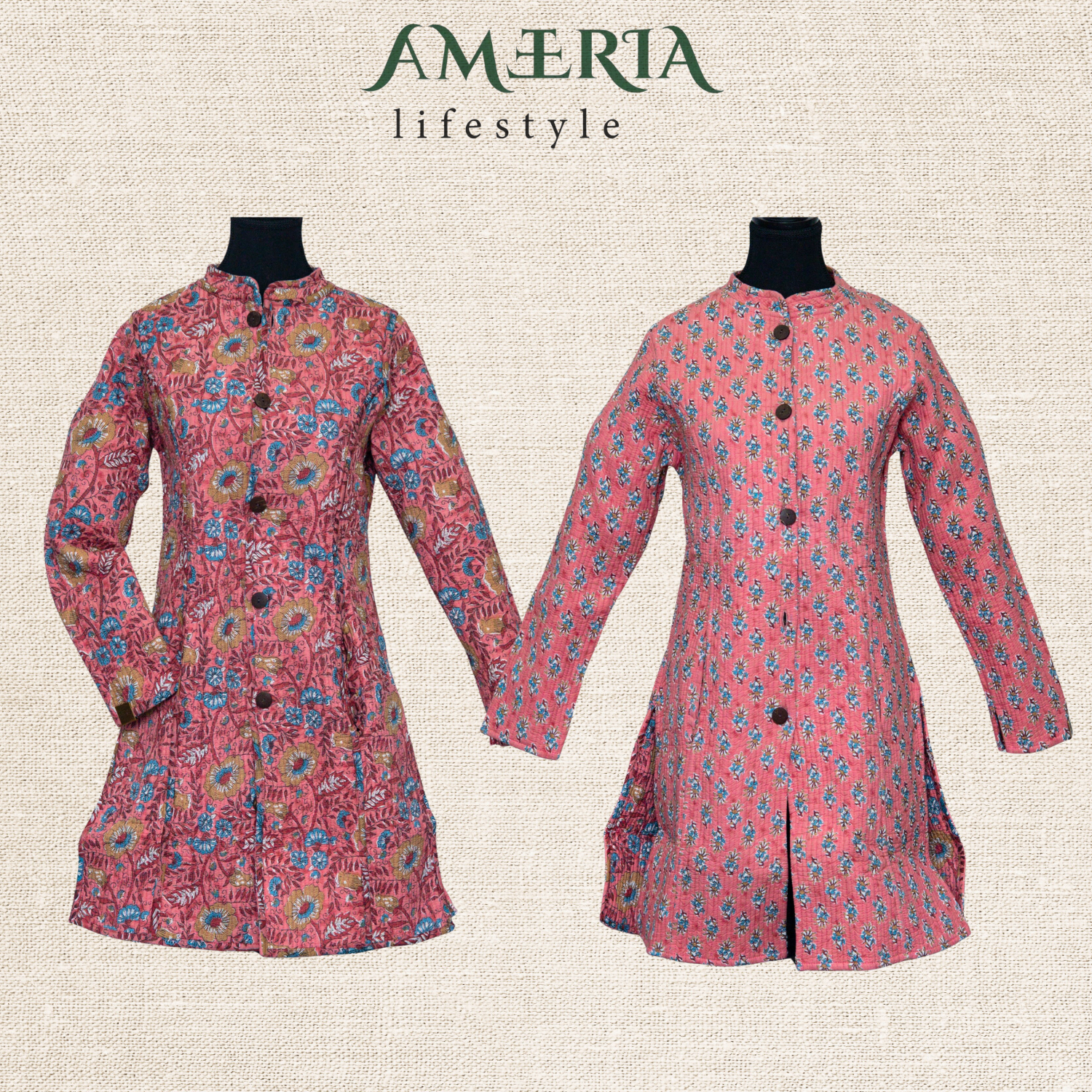 Cotton Quilted Reversible Spring/Fall Jacket - Long - Pink Floral & Orange Medallion