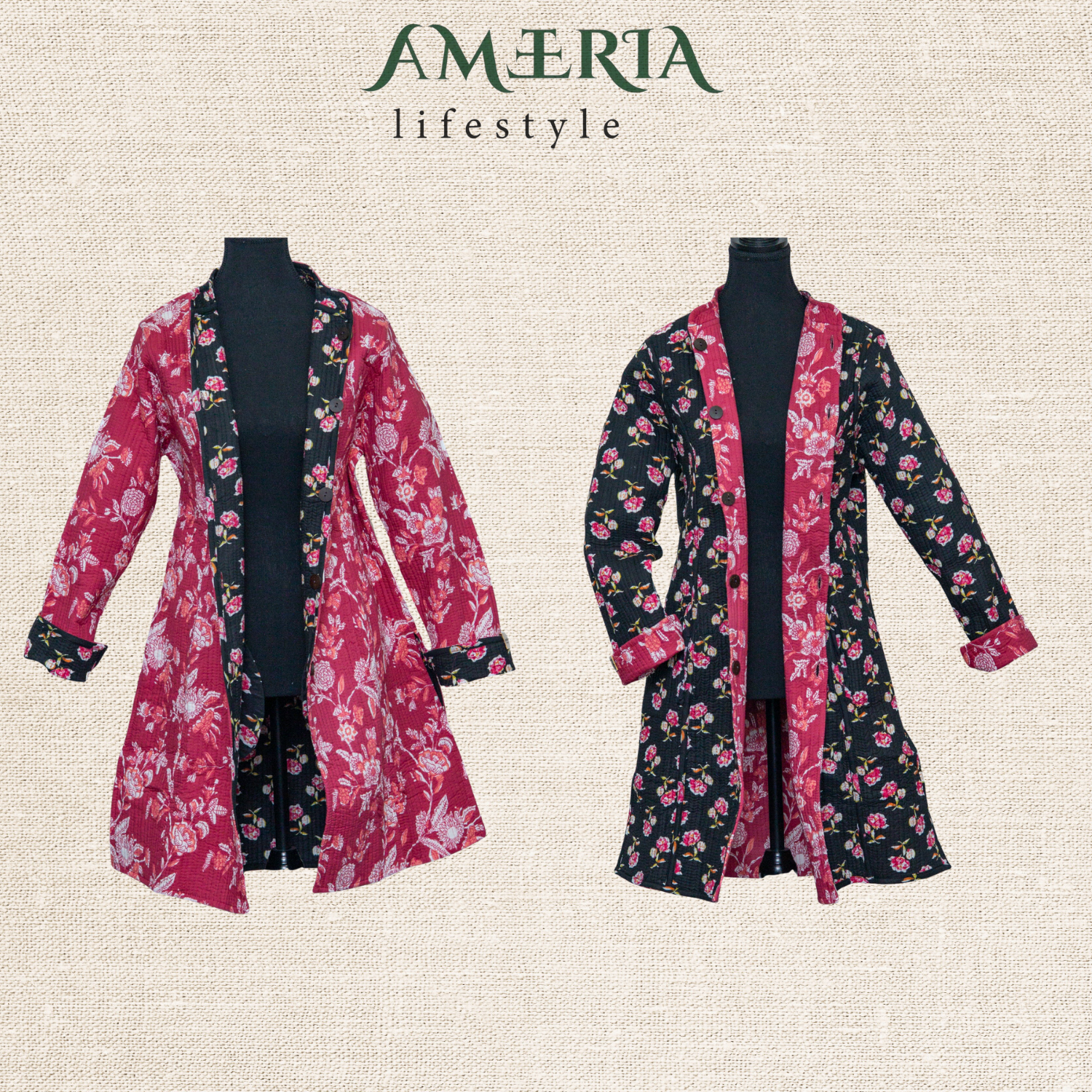 Black and pink floral reversible quilted jacket