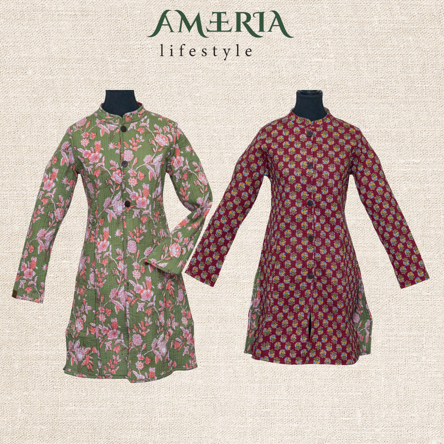 Burgundy medallion and sage green floral reversible quilted jacket