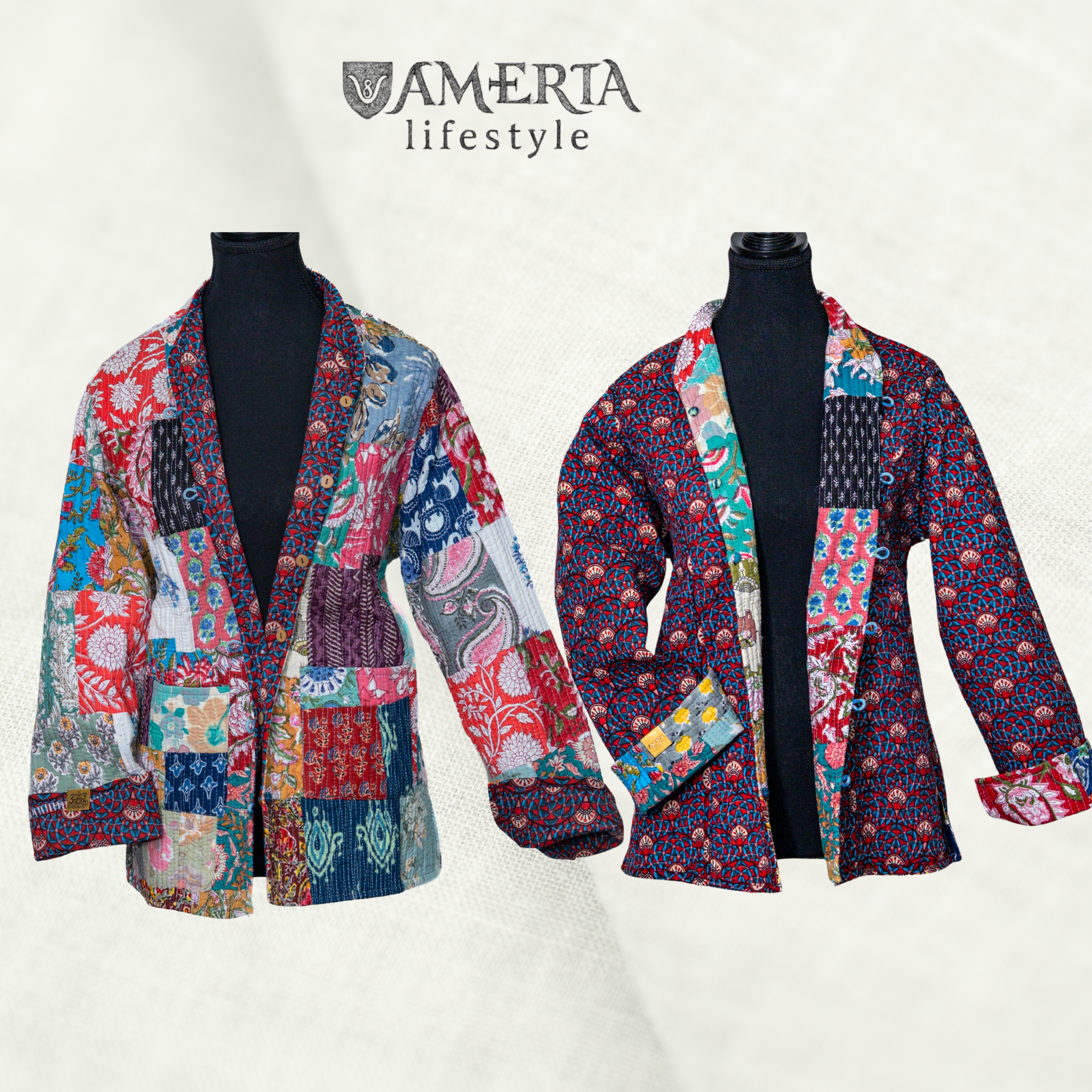 Short/Mid - Multicolor Patchwork & Navy Floral reversible quilted jacket