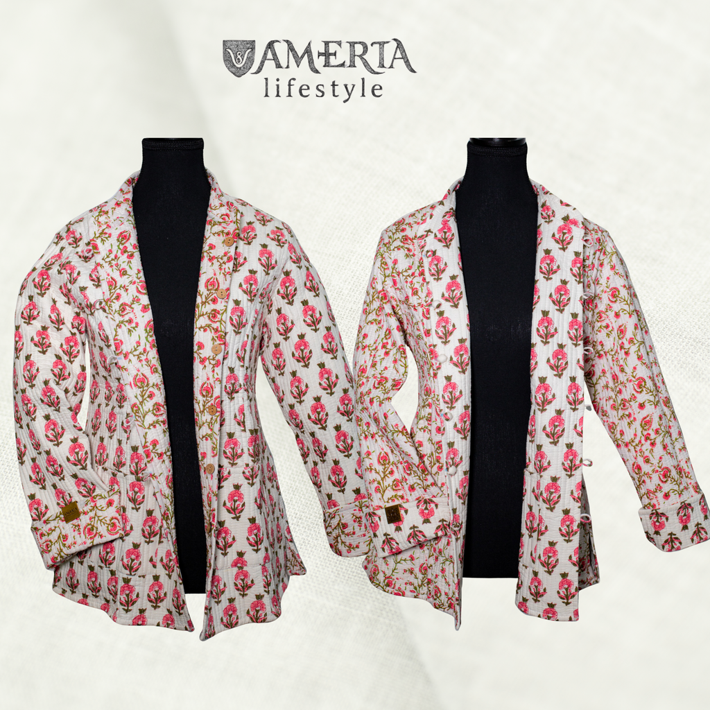 Cream and pink hand block print reversible quilted short jacket
