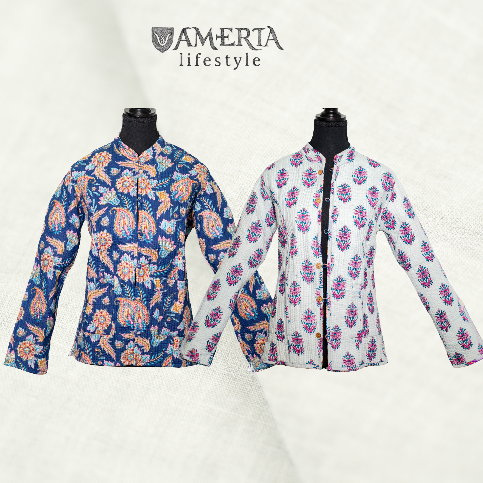 Royal blue paisley and white floral reversible quilted short/mid size jacket
