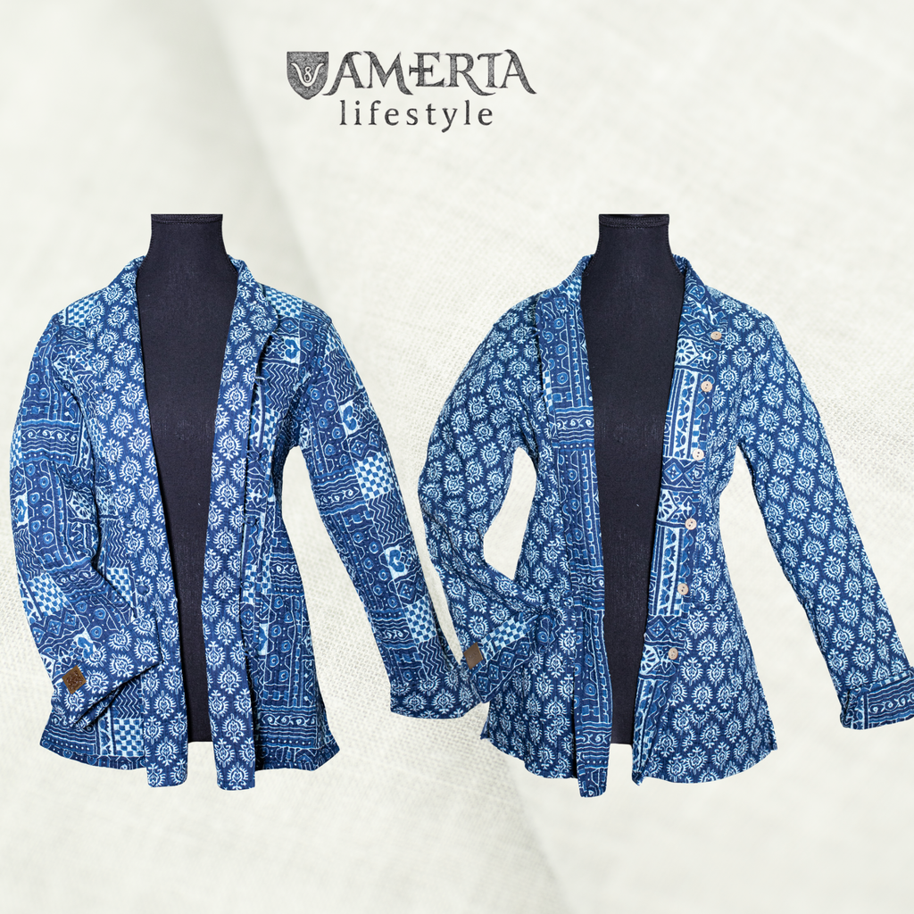 Indigo blue geometric and floral reversible quilted short/mid size  jacket