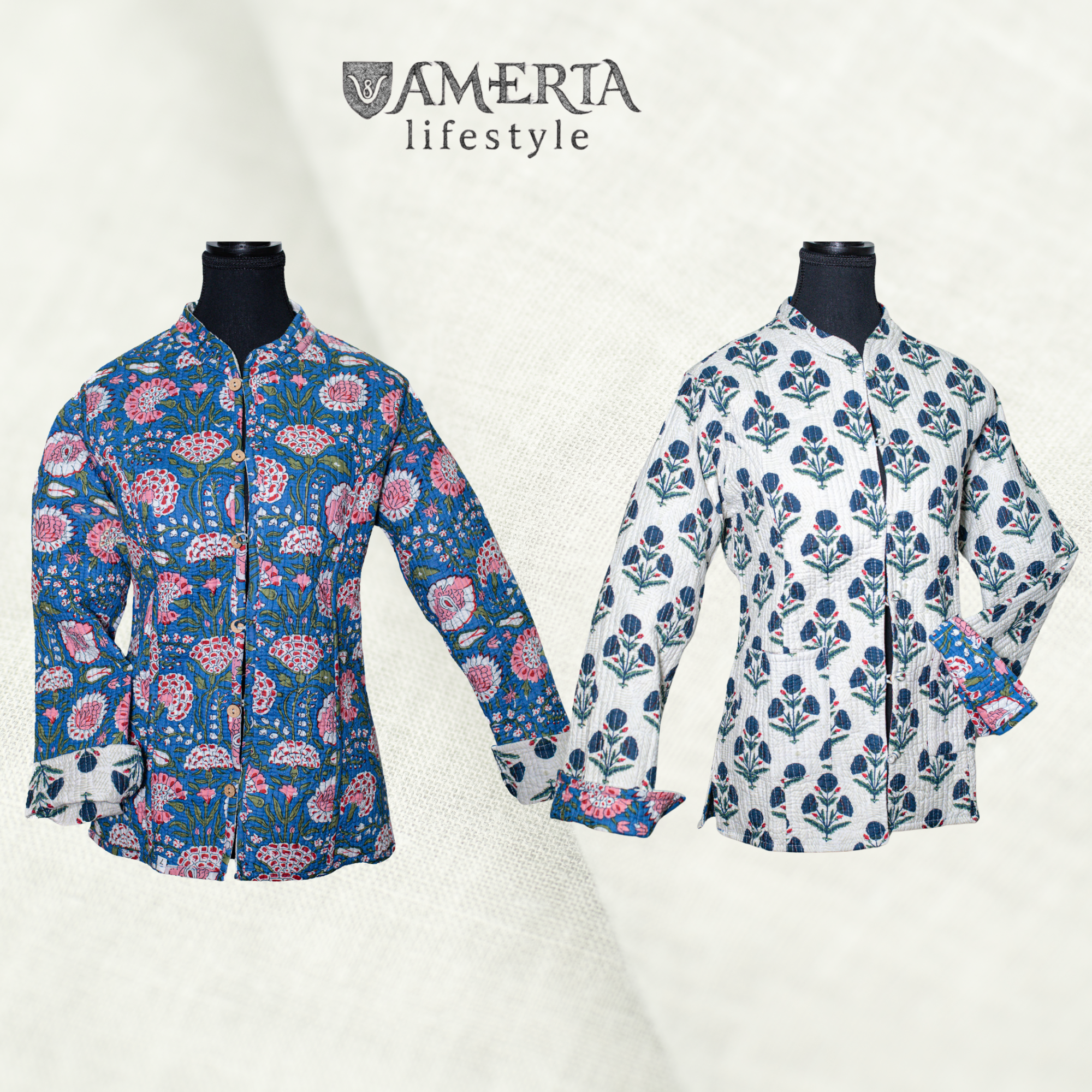 Indigo blue geometric and floral reversible quilted short/mid size  jacket