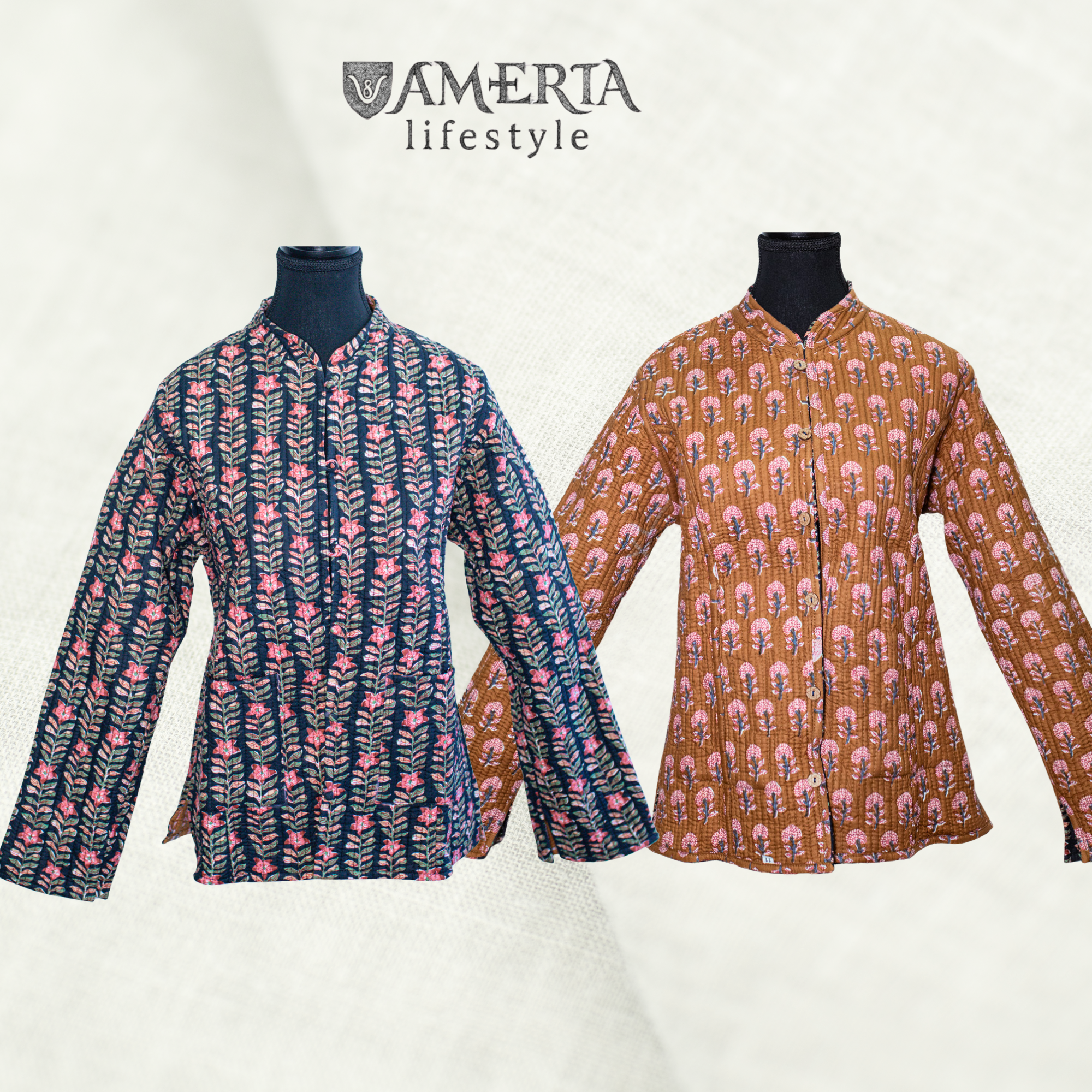 Caramel and black hand block print reversible quilted short/mid size jacket