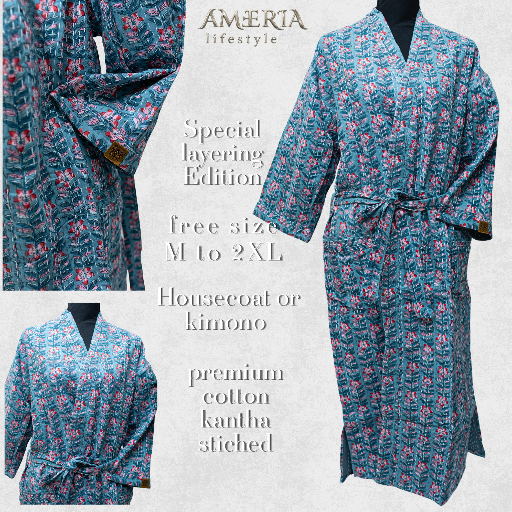 Dusty Teal Housecoat Kimono — Kantha Stitched Organic Cotton