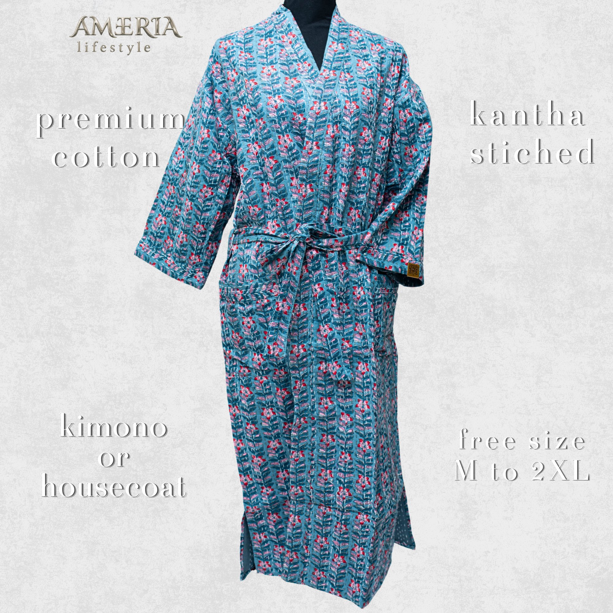 Dusty Teal Housecoat Kimono — Kantha Stitched Organic Cotton