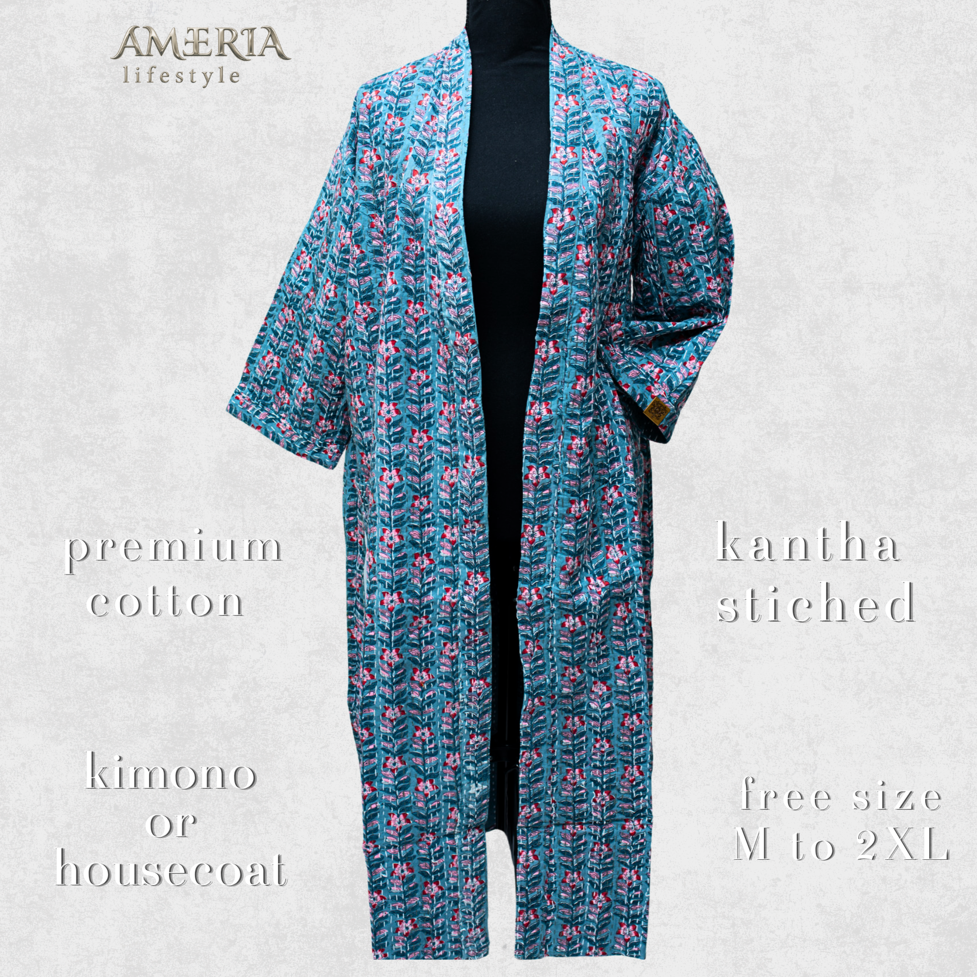 Dusty Teal Housecoat Kimono — Kantha Stitched Organic Cotton