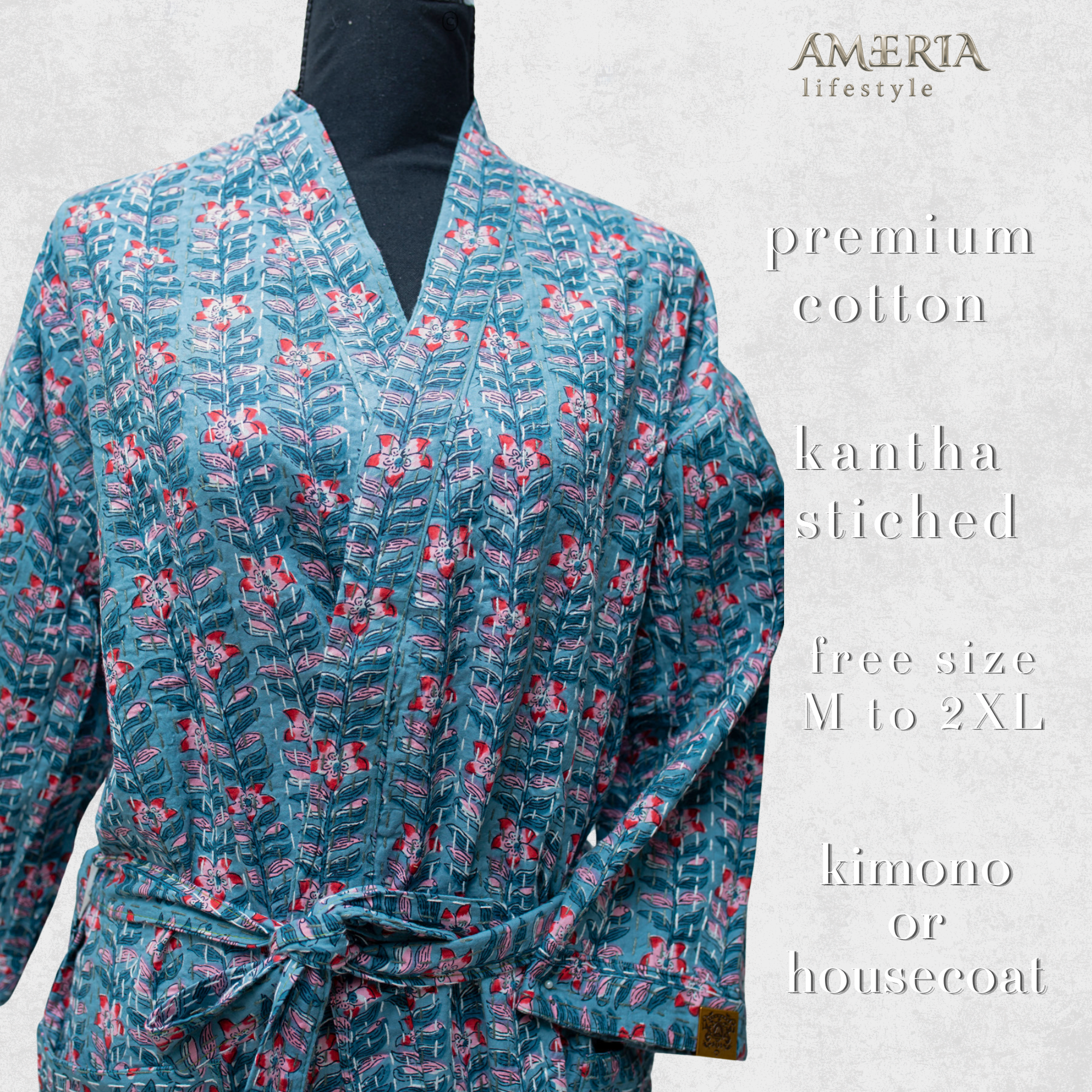 Dusty Teal Housecoat Kimono — Kantha Stitched Organic Cotton