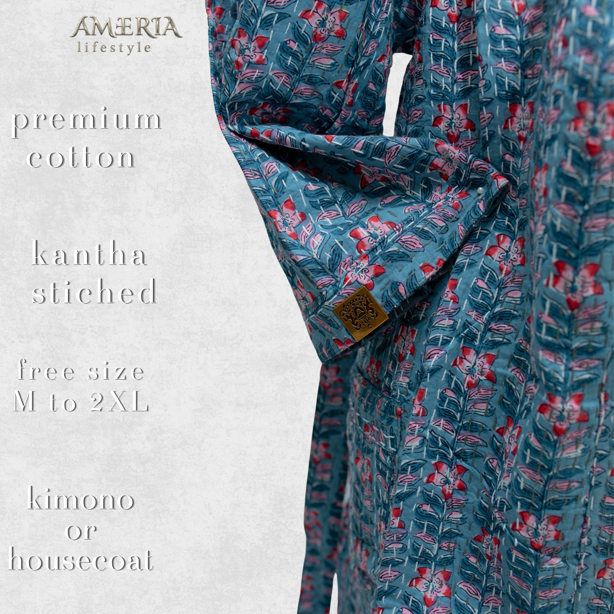 Dusty Teal Housecoat Kimono — Kantha Stitched Organic Cotton